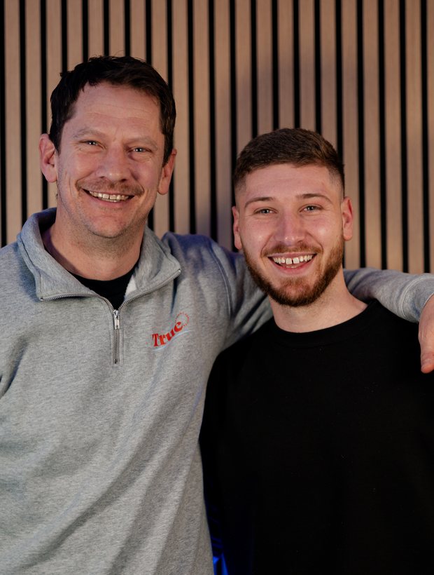 Stu Moerman and Jackson Morton standing together in the studio after recording.